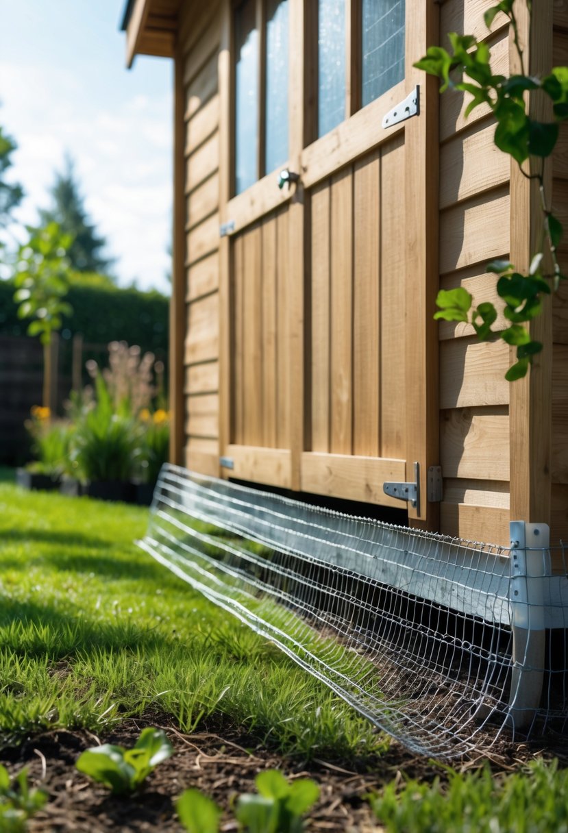 A garden shed with chicken wire skirting installed around its base in a green garden.