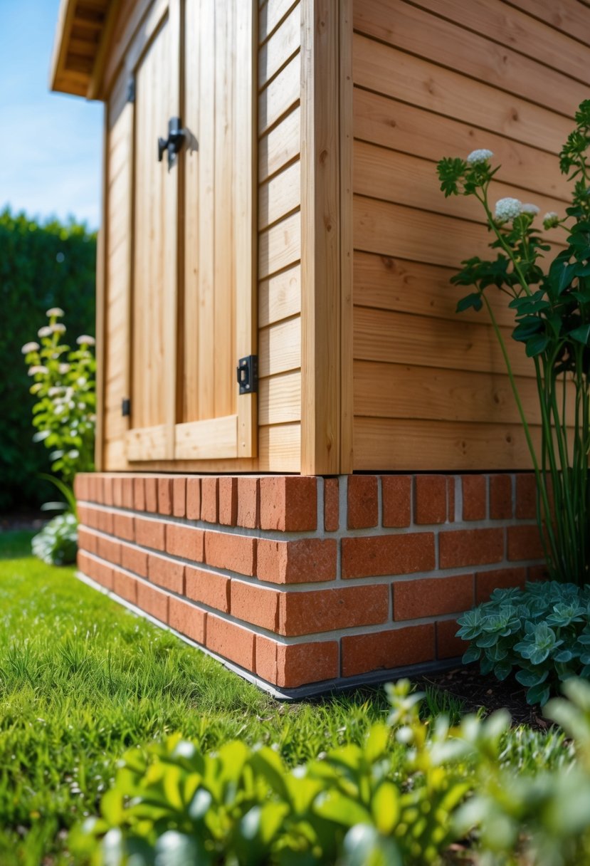 Garden shed with brick veneer skirting surrounded by grass and plants.