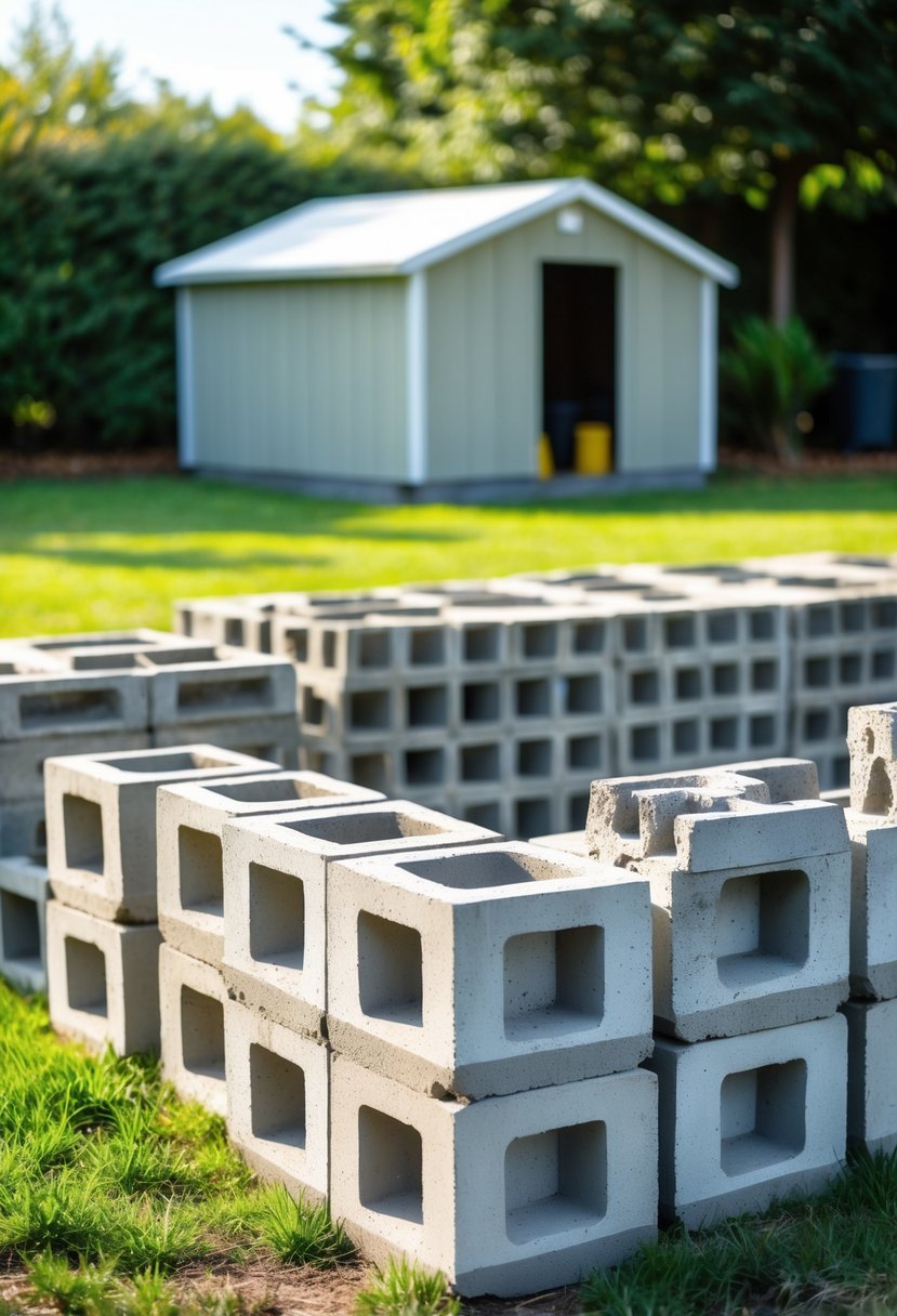 Neatly stacked concrete blocks arranged as a base for a garden shed outdoors.