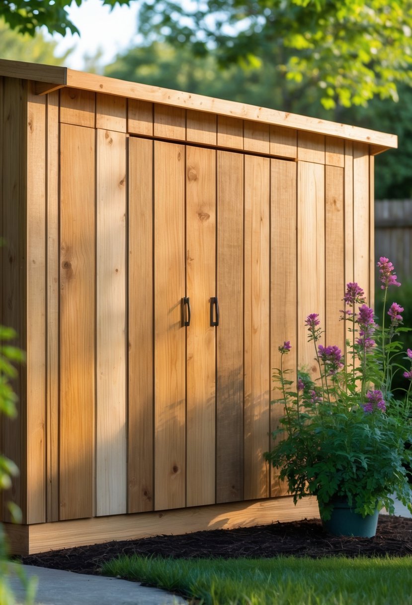 A garden shed with treated cedar plank skirting surrounded by grass and plants.
