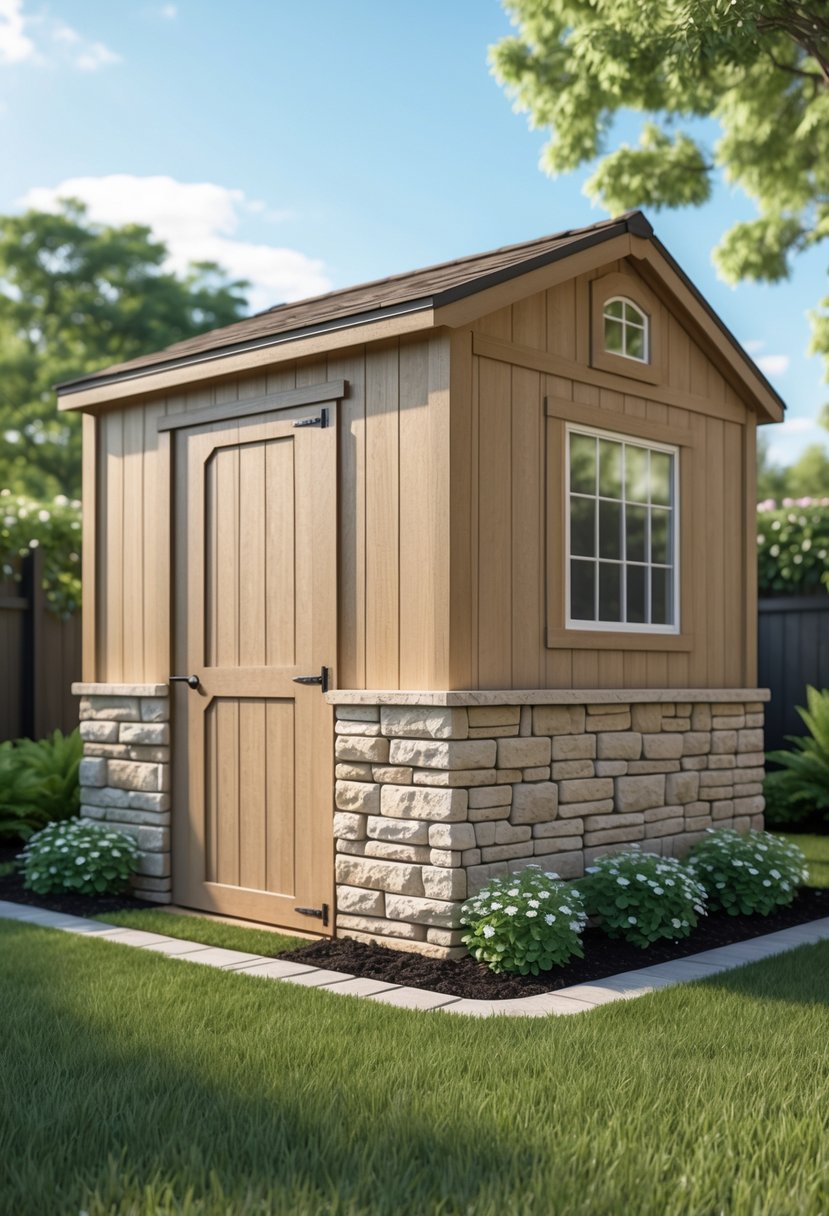 A garden shed with faux stone panels around its base in a green backyard with plants and trees.