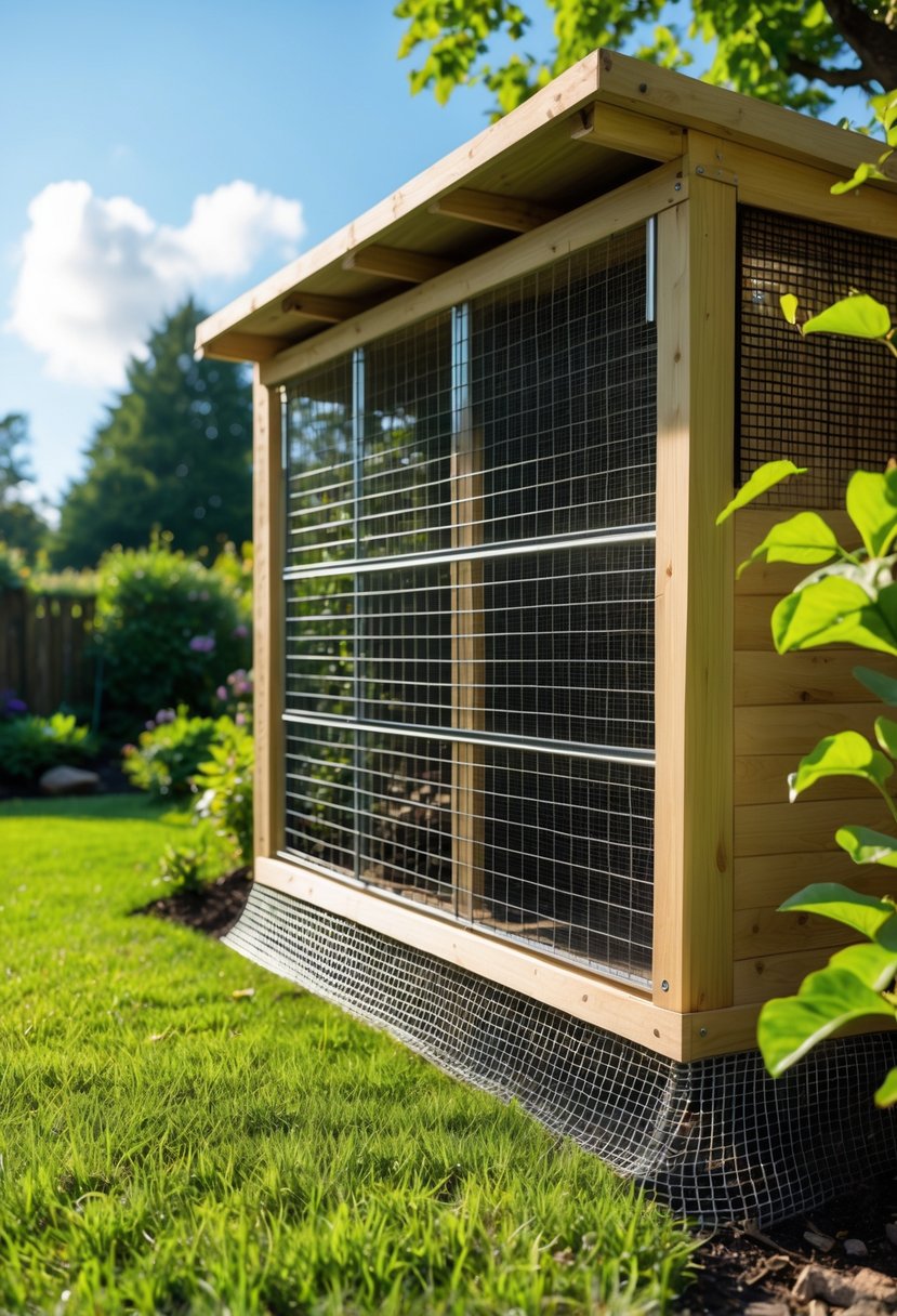 A garden shed with metal mesh skirting around its base to keep out rodents, surrounded by grass and plants.
