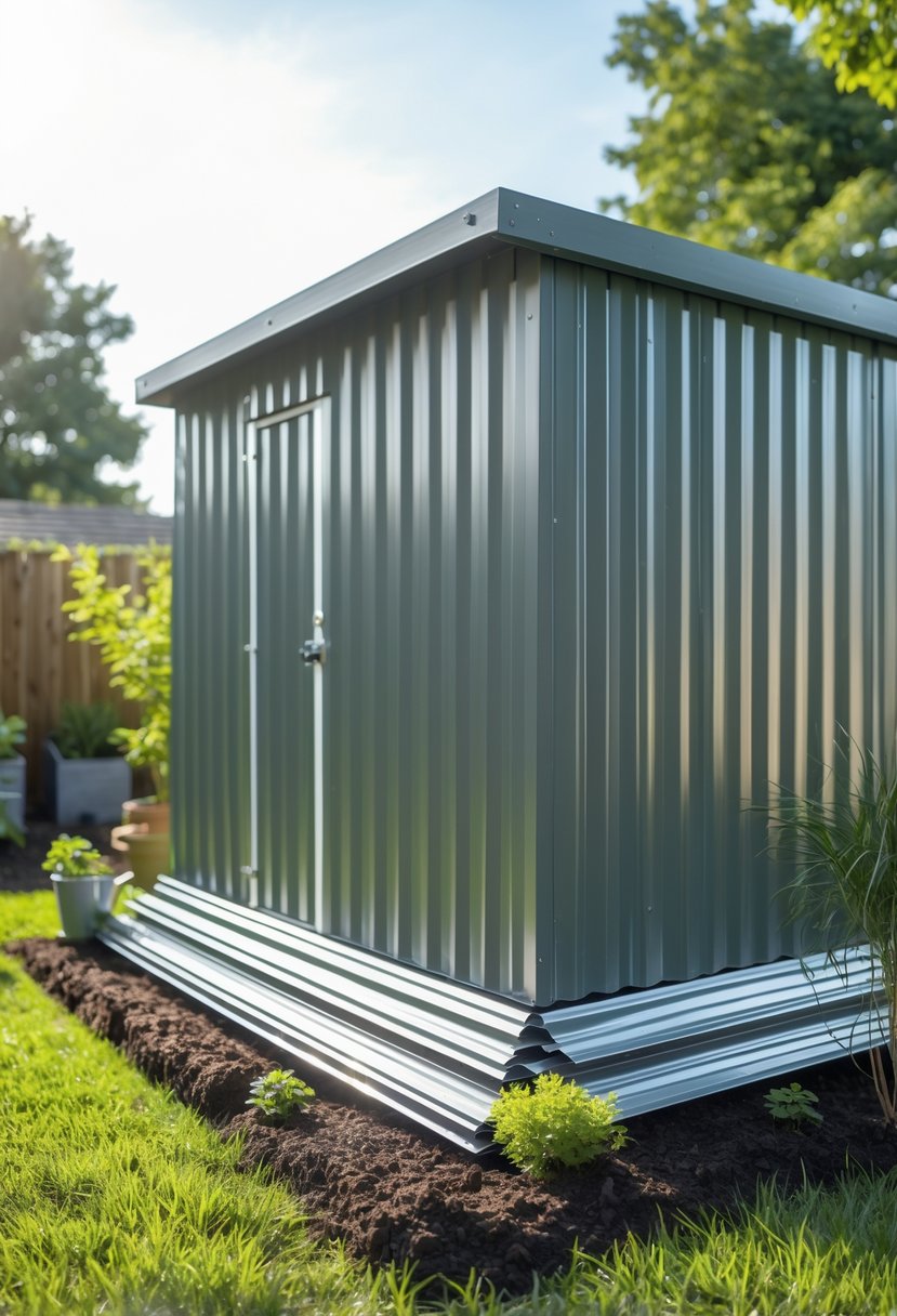 A garden shed with corrugated metal sheets installed around its base on a grassy lawn with plants nearby.