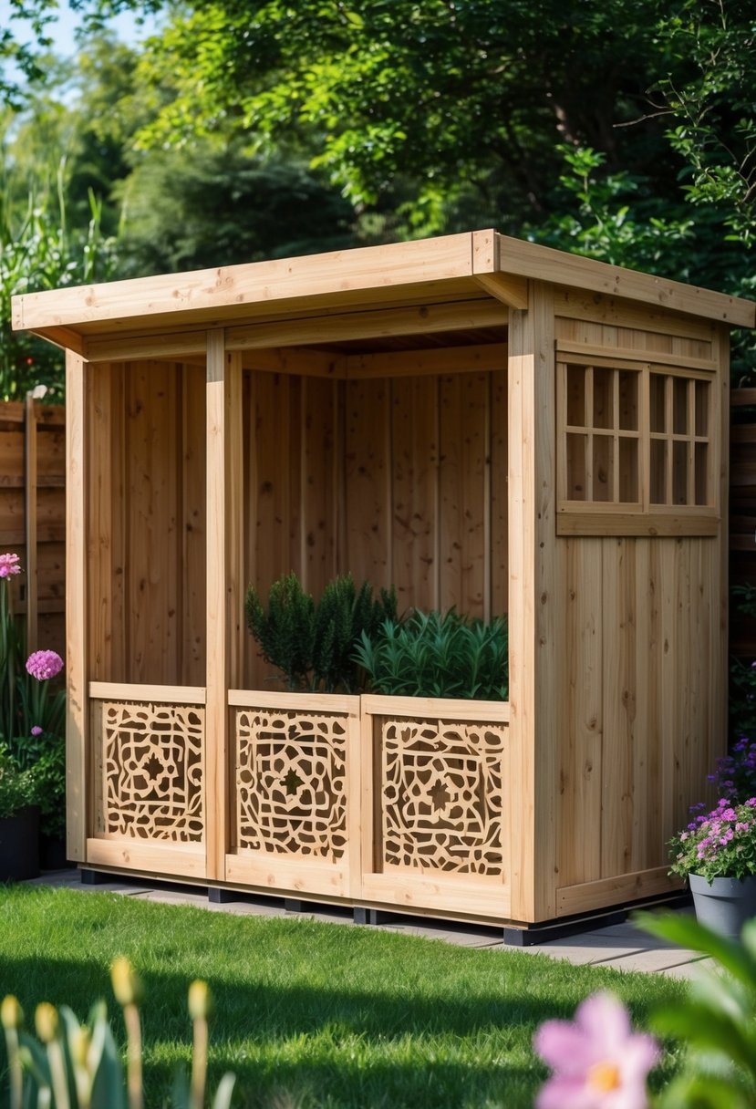 A garden shed with decorative wooden fretwork panels around its base surrounded by grass and plants.