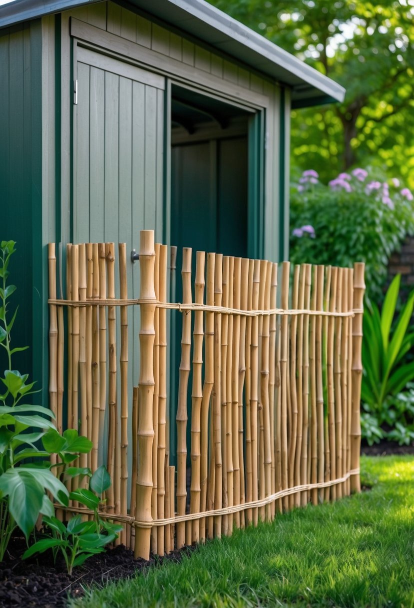 A garden shed with bamboo fencing used as skirting around its base in a green garden.