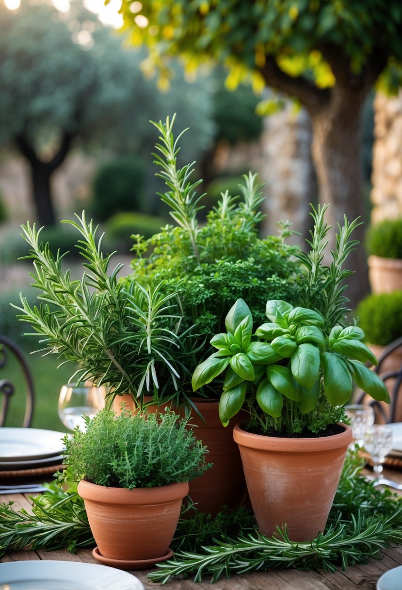 A wooden table outdoors with terracotta pots holding fresh rosemary and basil herbs, surrounded by an Italian garden setting.