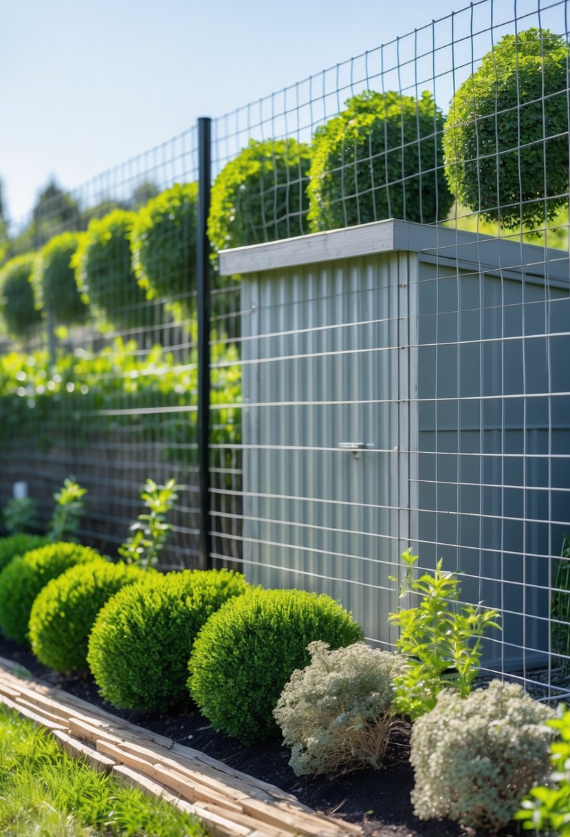 A garden with a wire fence topped by trimmed shrubs and a garden shed with simple skirting at its base.