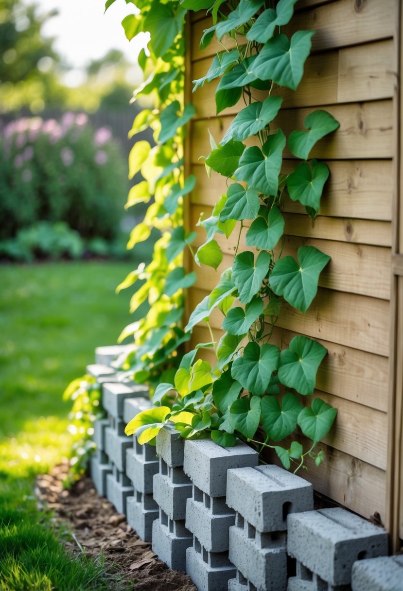 Stacked cinder blocks around the base of a garden shed with green climbing vines growing over them.