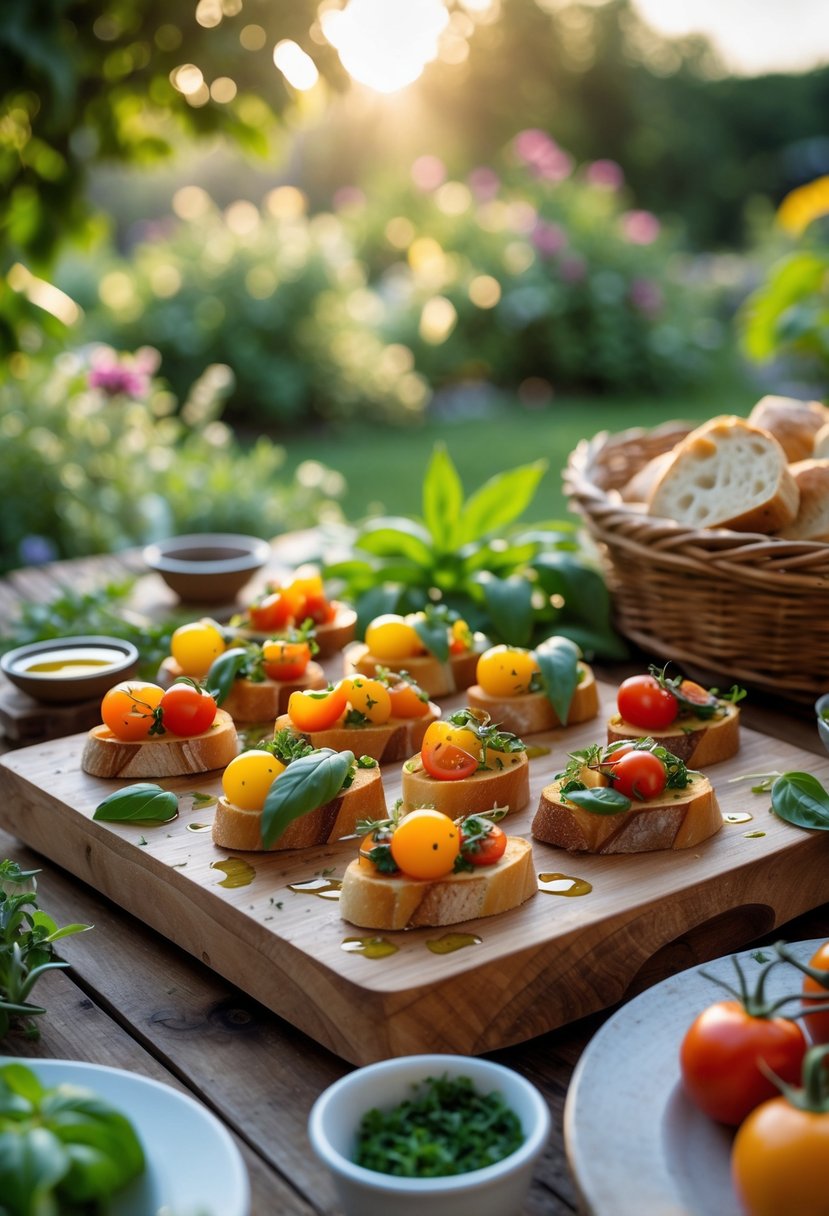 A wooden table outdoors with homemade bruschetta topped with colorful heirloom tomatoes and basil, set in a sunny garden with greenery in the background.