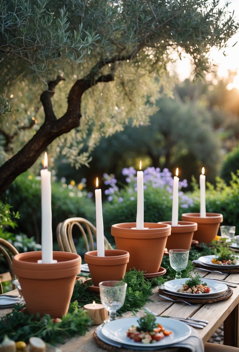 Outdoor garden table with terracotta pots holding lit candles surrounded by greenery and flowers.