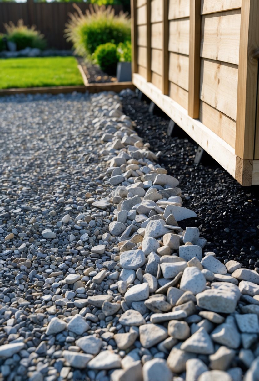Close-up of stone chips and gravel around the base of a wooden garden shed with grass and plants nearby.