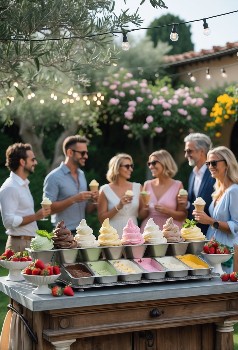 Outdoor Italian garden party with a traditional gelato bar offering various colorful gelato flavors and guests enjoying ice cream under string lights.