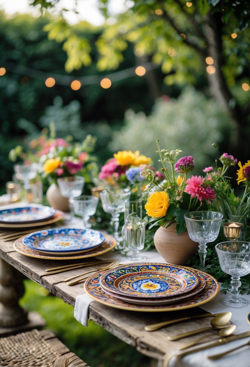 Outdoor garden party table set with colorful hand-painted ceramic plates, glassware, fresh flowers, and greenery.
