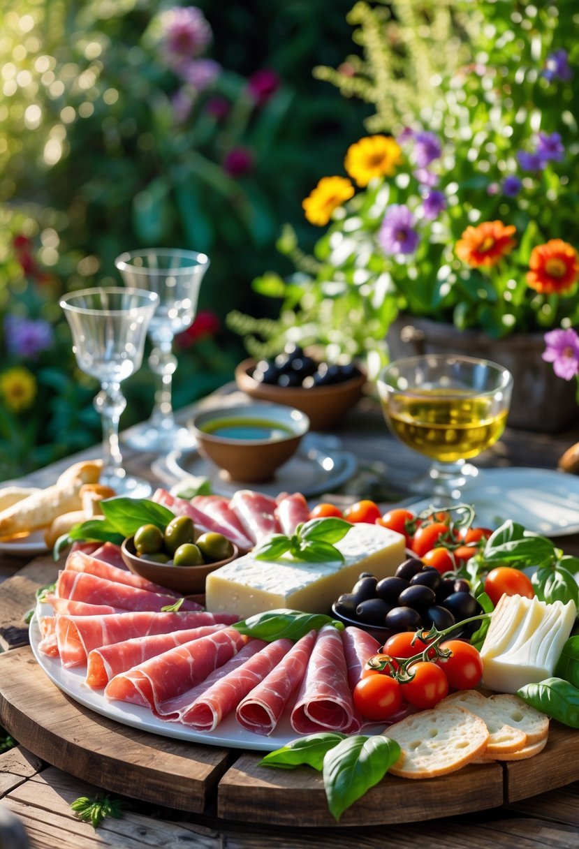 An antipasto platter with prosciutto, salami, cheeses, olives, and fresh vegetables on a wooden table outdoors surrounded by greenery and flowers.