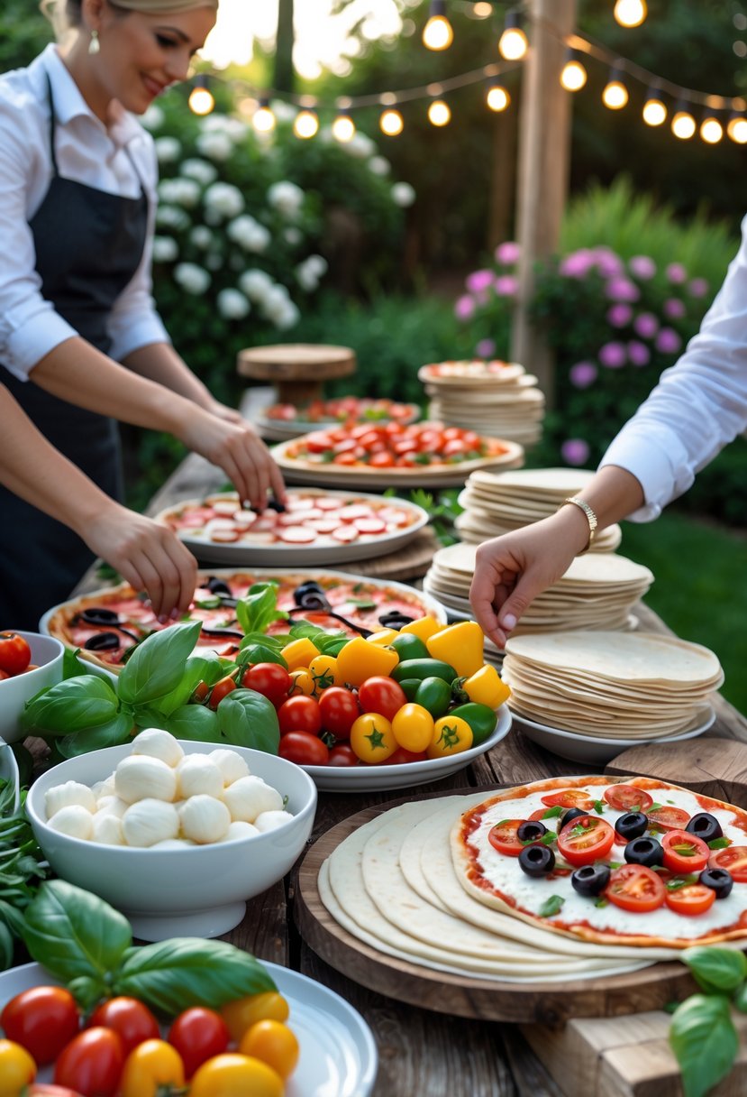 Outdoor DIY pizza station with fresh toppings on a wooden table surrounded by greenery and flowers at a garden party.