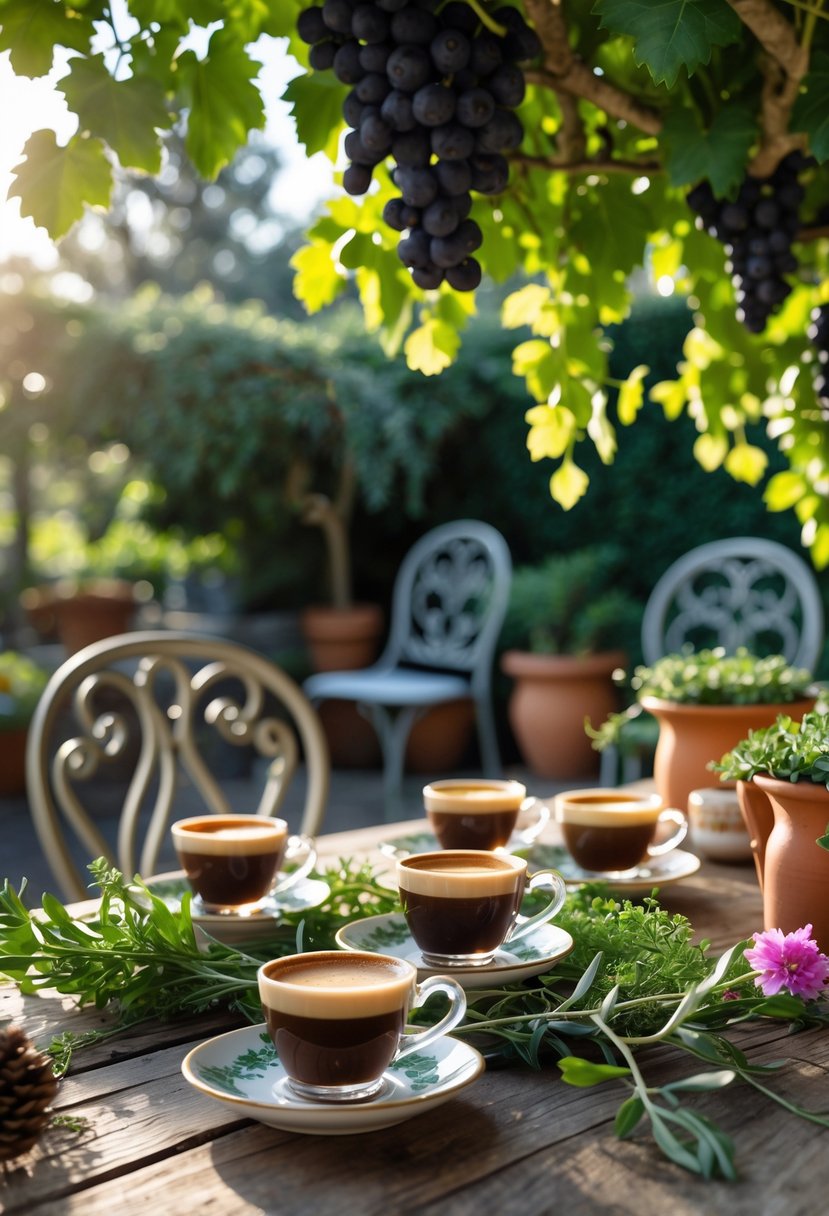 A wooden table outdoors with demitasse cups of espresso surrounded by greenery and flowers in an Italian garden setting.