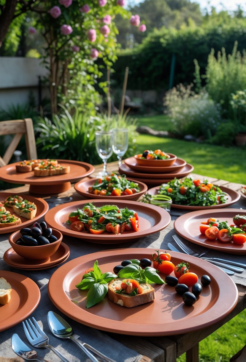Outdoor garden table with terracotta plates serving Italian dishes like bruschetta, salad, olives, and bread surrounded by greenery.