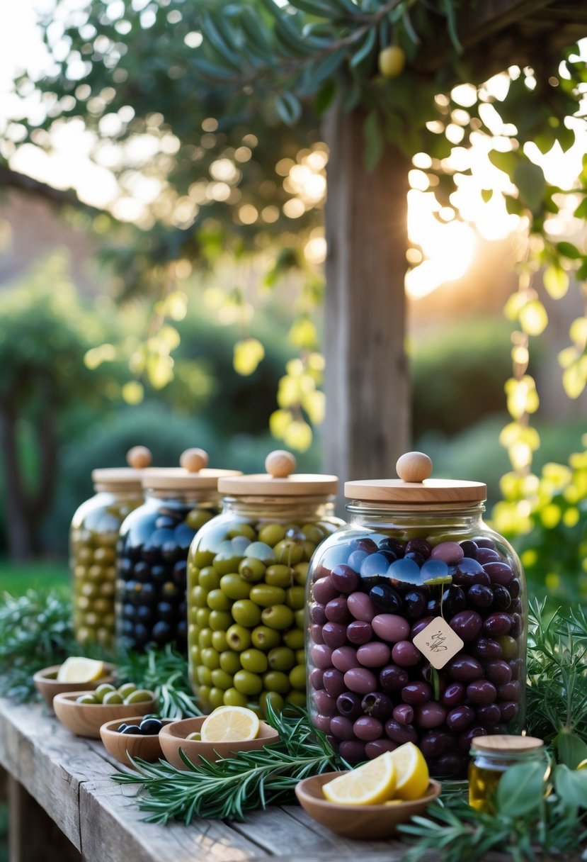 Large glass jars filled with mixed Italian olives displayed on a wooden table in an outdoor garden setting with greenery and sunlight.