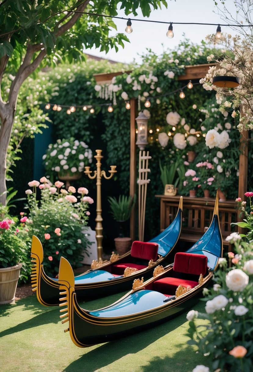 An outdoor garden party photobooth with Venetian gondola props surrounded by greenery and flowers.
