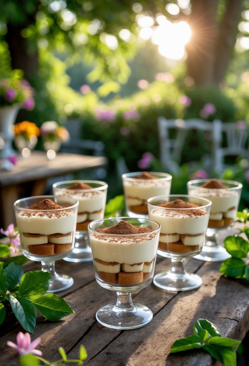 Several glass cups filled with tiramisu arranged on a wooden table in a garden surrounded by green plants and flowers.