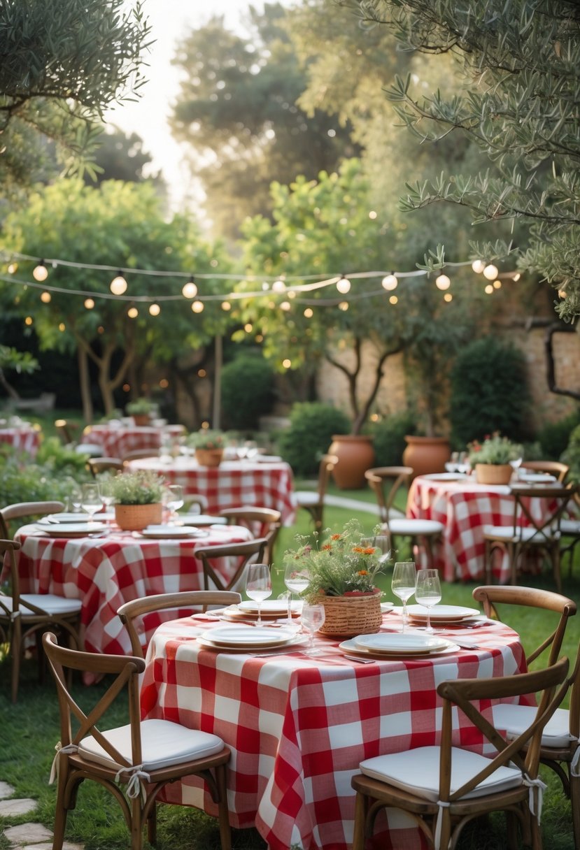 Outdoor garden party with tables covered in red-and-white checkered tablecloths surrounded by greenery and flowers.