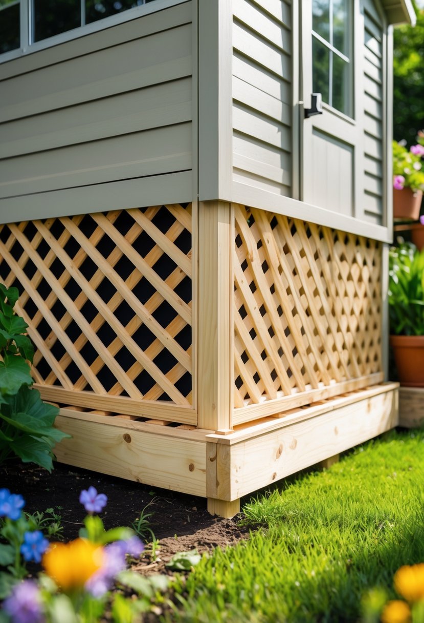 Close-up of wooden lattice panels used as ventilated skirting around the base of a garden shed in a sunny garden with grass and flowers.
