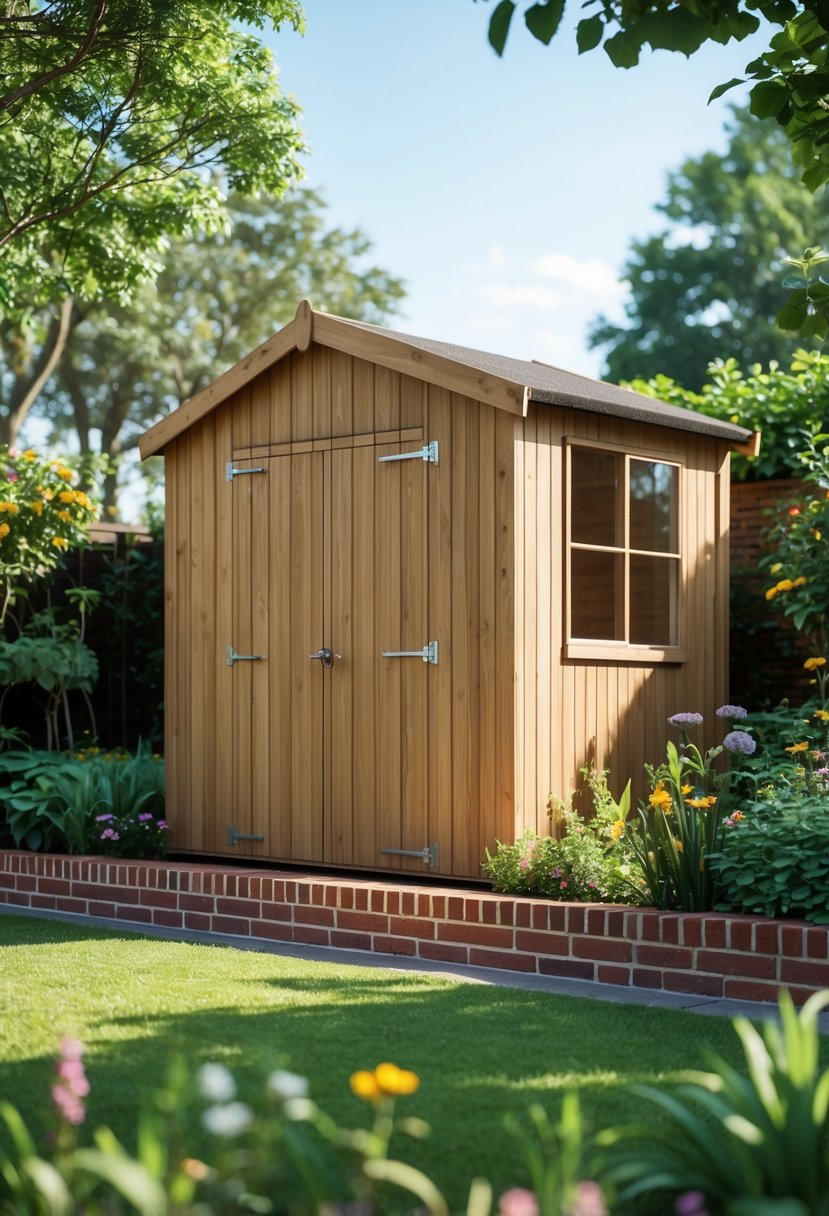 A garden shed with brick skirting surrounded by plants and trees in a green garden.