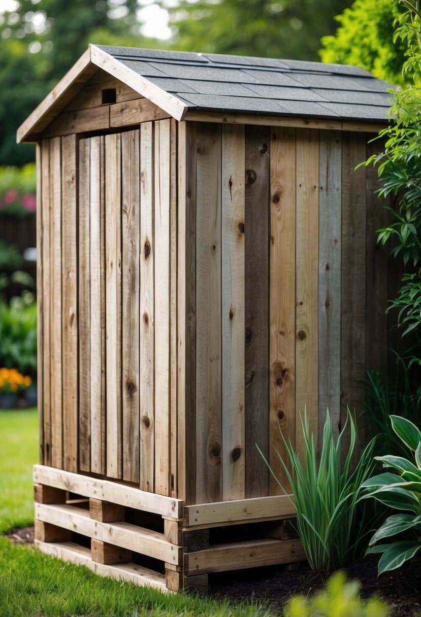 Outdoor garden shed with recycled pallet wood skirting surrounded by grass and plants.
