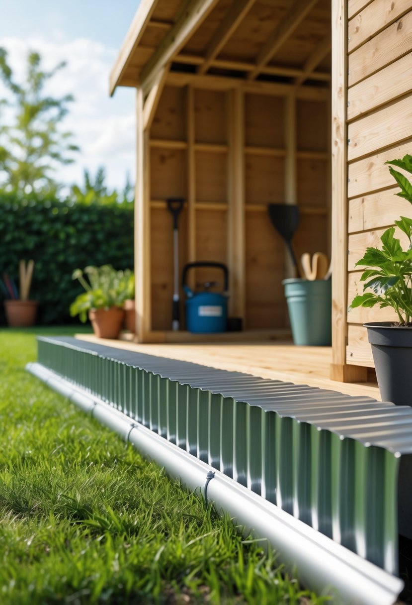 A garden shed with corrugated metal skirting around its base on a grassy lawn surrounded by garden tools and plants.