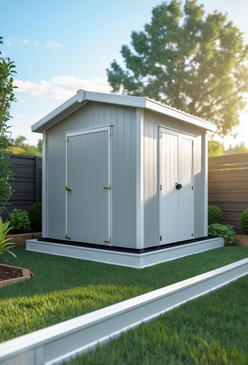 A garden shed with white vinyl skirting panels installed around its base in a backyard with grass and plants.