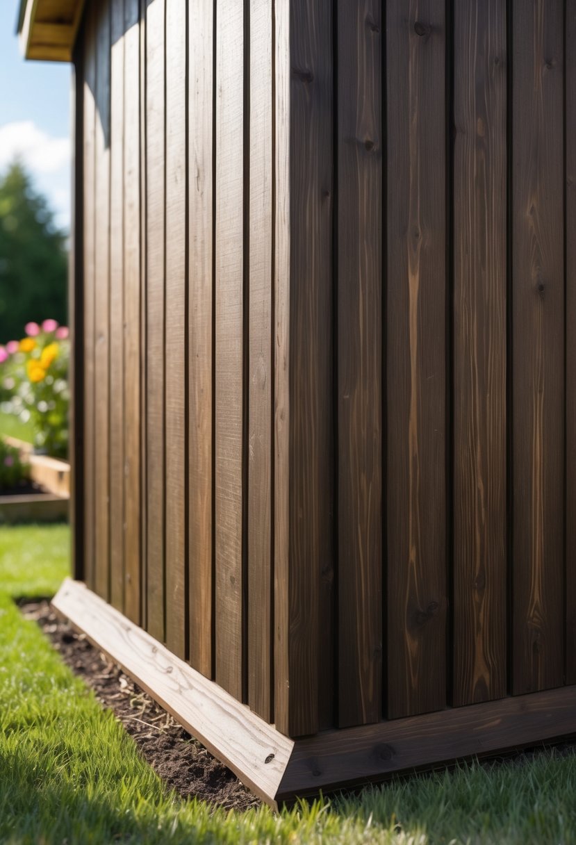 Close-up of dark stained vertical wooden board skirting installed around the base of a garden shed outdoors.