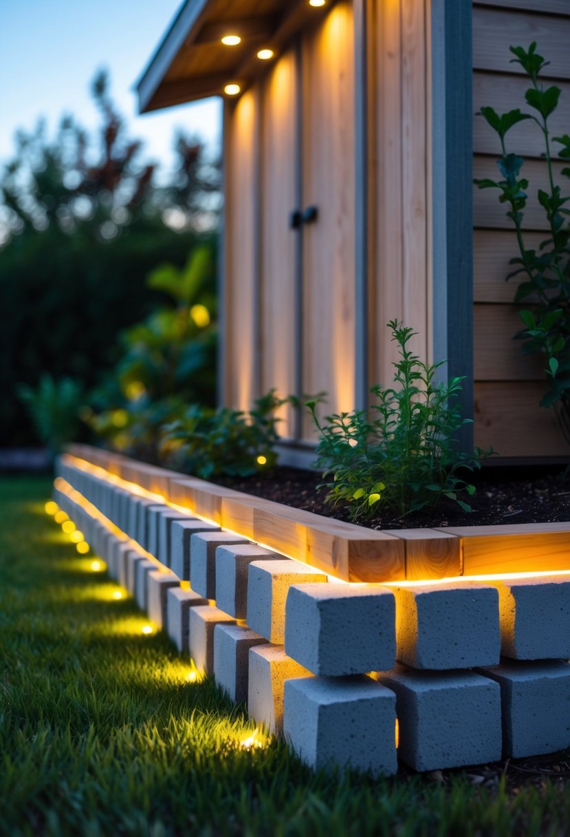 A garden shed with cinder block skirting that has built-in warm lighting, surrounded by grass and plants.