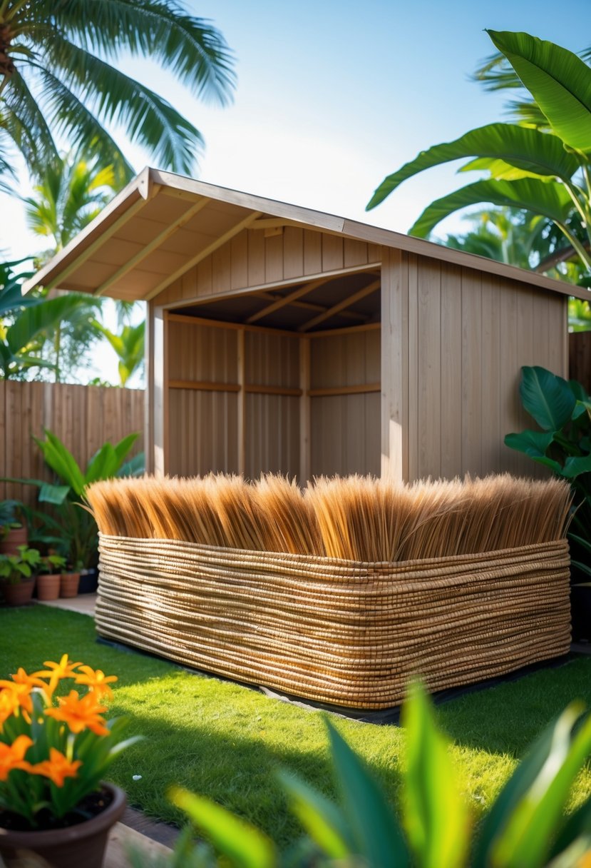 Garden shed with reed or bamboo matting skirting surrounded by tropical plants in a green garden.