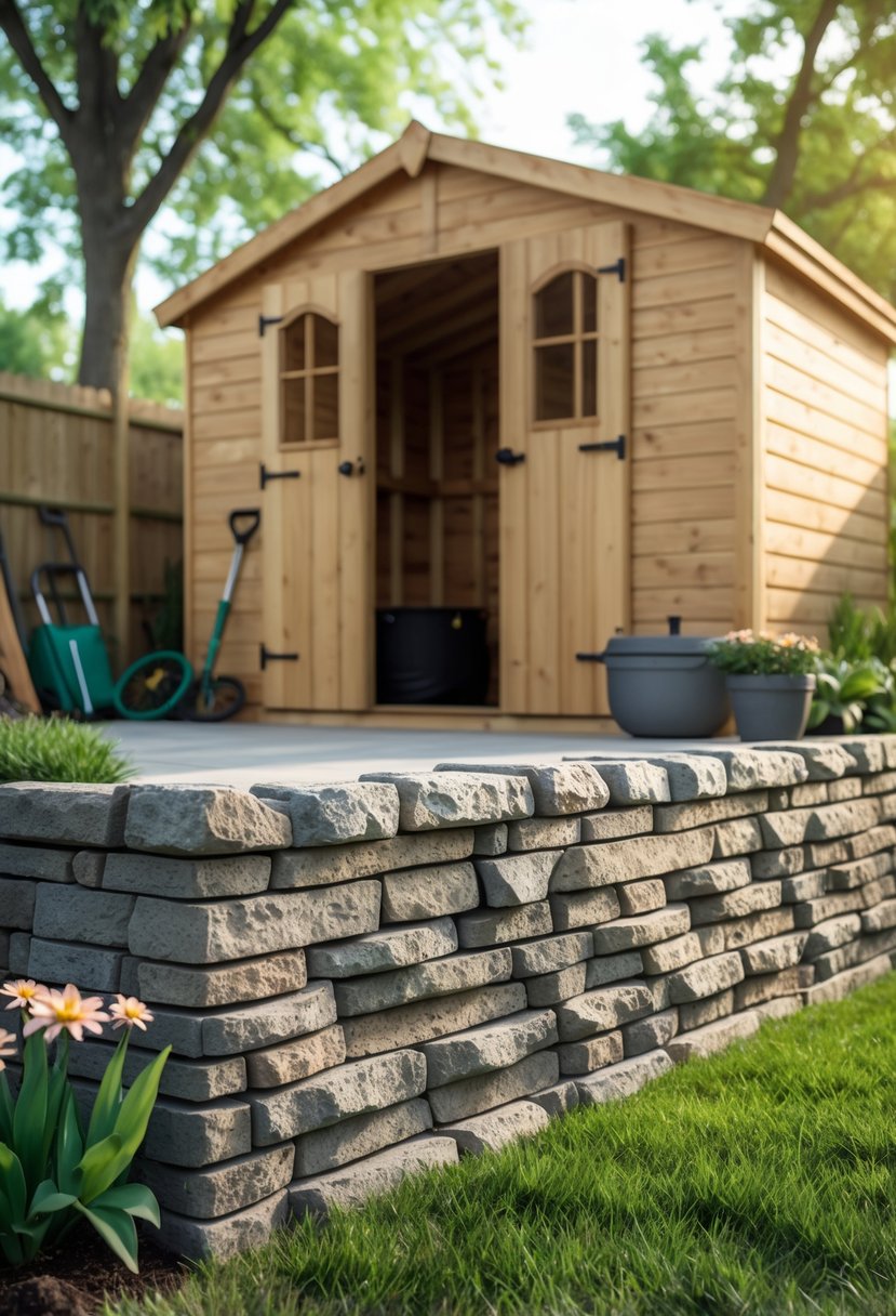 A garden shed with stone-look panels around its base in a backyard garden with grass and plants.