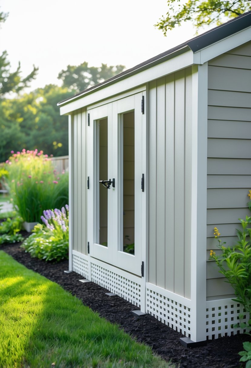A garden shed with white vinyl lattice panels around its base surrounded by grass and plants.