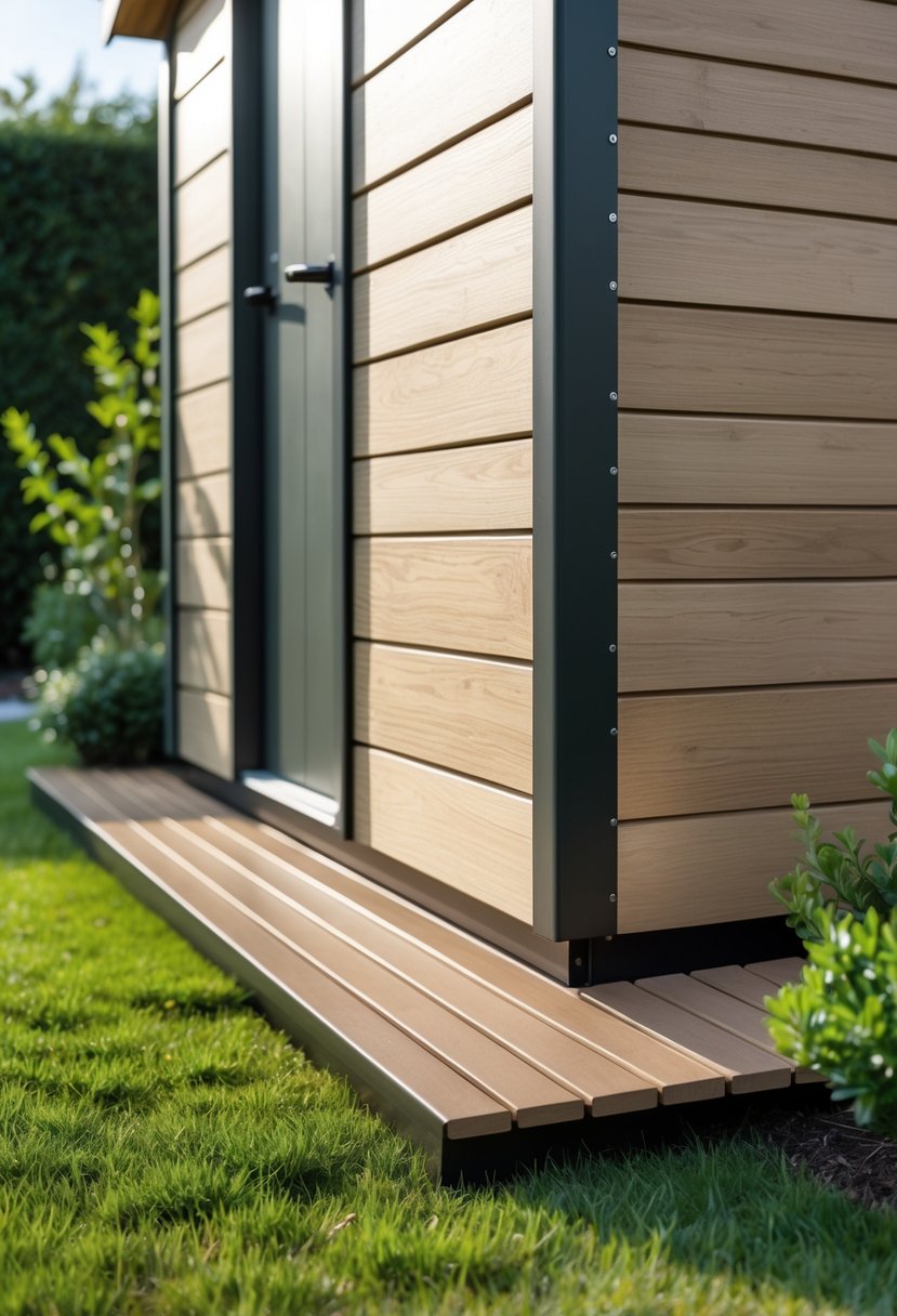 A garden shed with composite wood skirting featuring horizontal slats, surrounded by grass and plants.