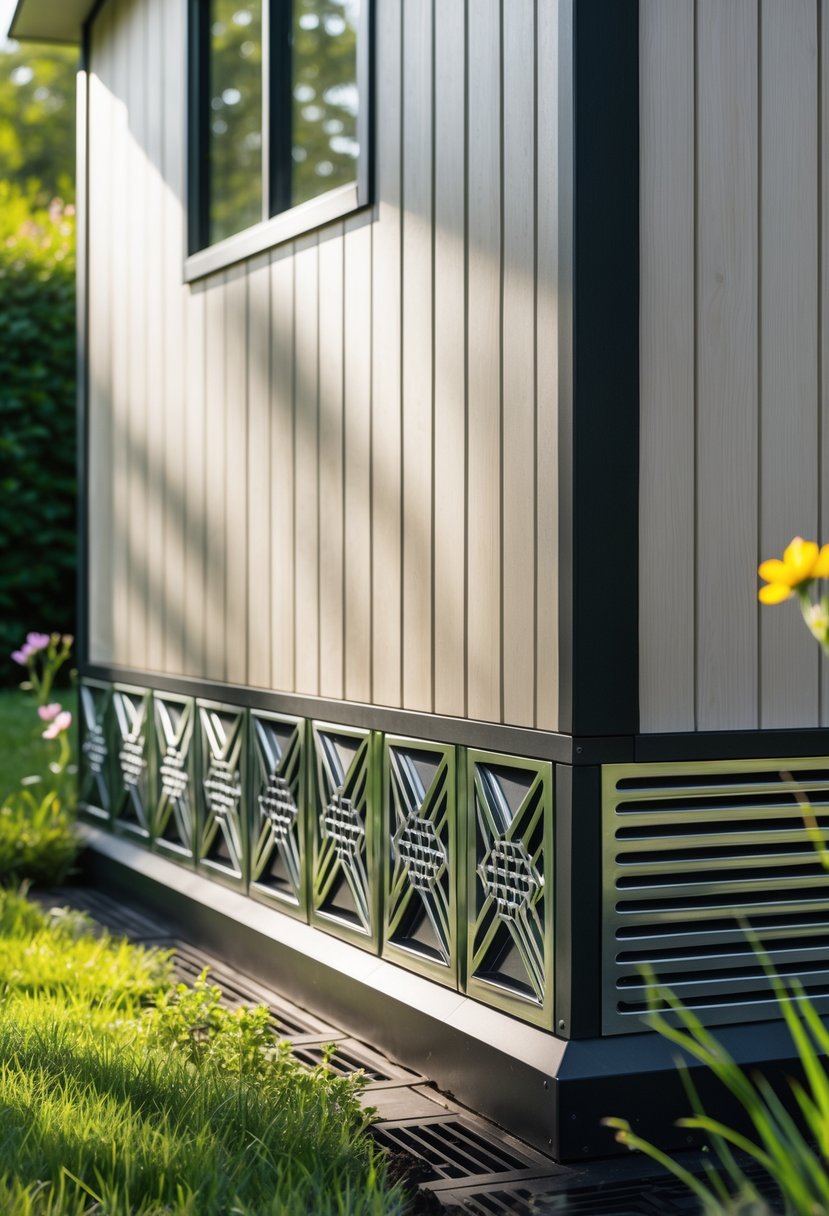 A modern garden shed with decorative metal vents featuring geometric patterns installed around its base, surrounded by green grass and plants.