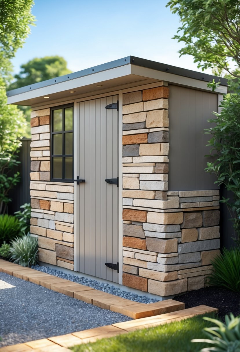 A garden shed with stone veneer skirting in natural colors surrounded by grass and plants.