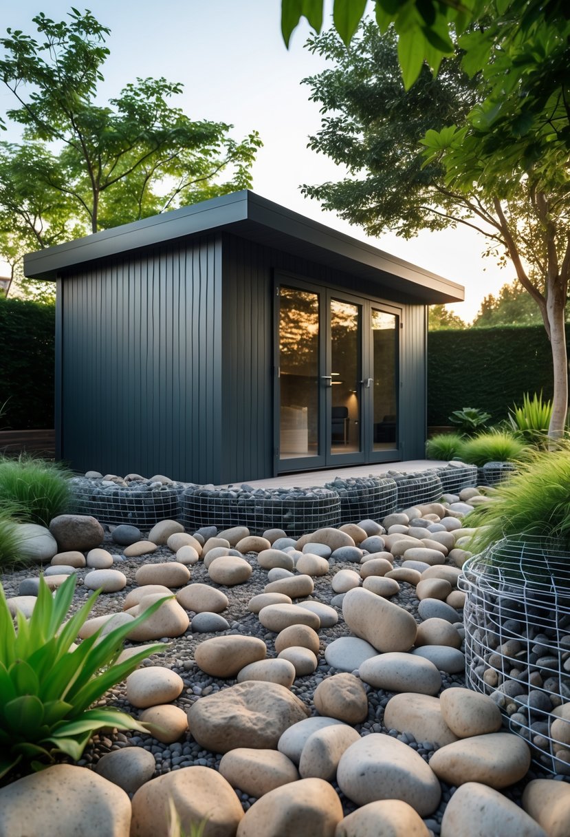 A modern garden shed with gabion baskets filled with river rocks used as skirting, surrounded by green plants in a garden.