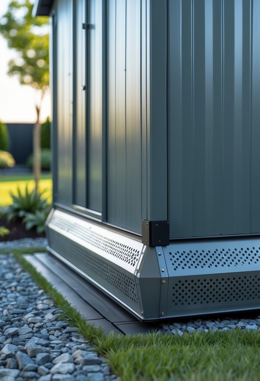 Close-up view of a garden shed's base with perforated metal sheet skirting coated in powder finish surrounded by grass and plants.
