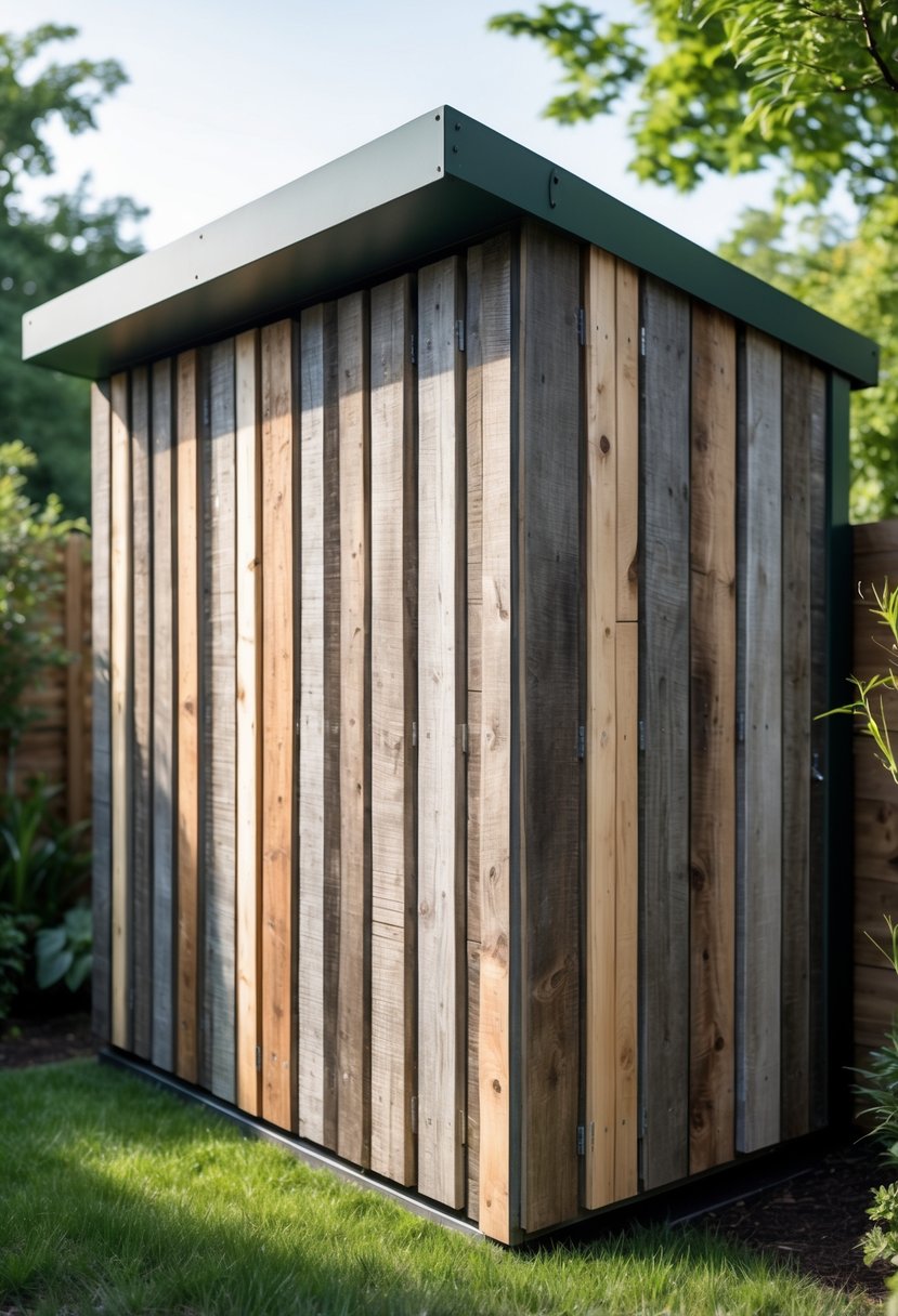 A garden shed with vertical reclaimed pallet wood skirting surrounded by grass and plants.