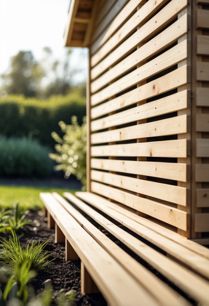 Close-up of a garden shed base with horizontal wooden slats spaced apart for airflow, surrounded by grass and plants.