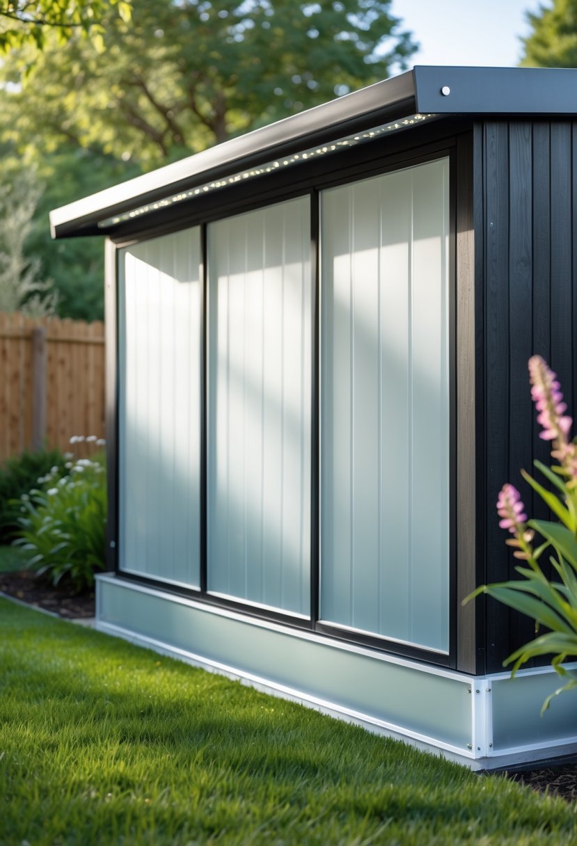 A modern garden shed with frosted acrylic panels used as skirting surrounded by grass and plants.