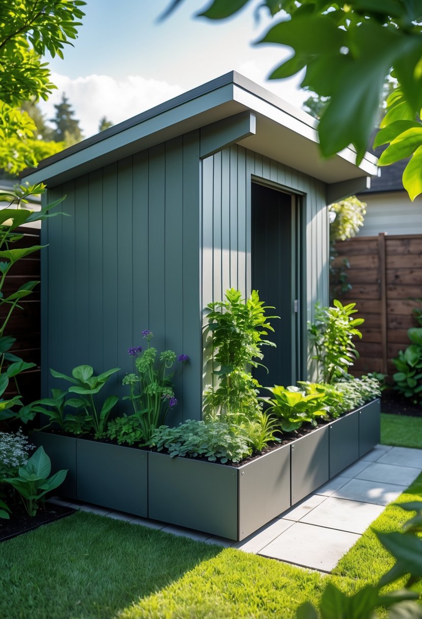 A modern garden shed with vertical garden planters used as skirting around its base, surrounded by green plants and flowers in a backyard garden.