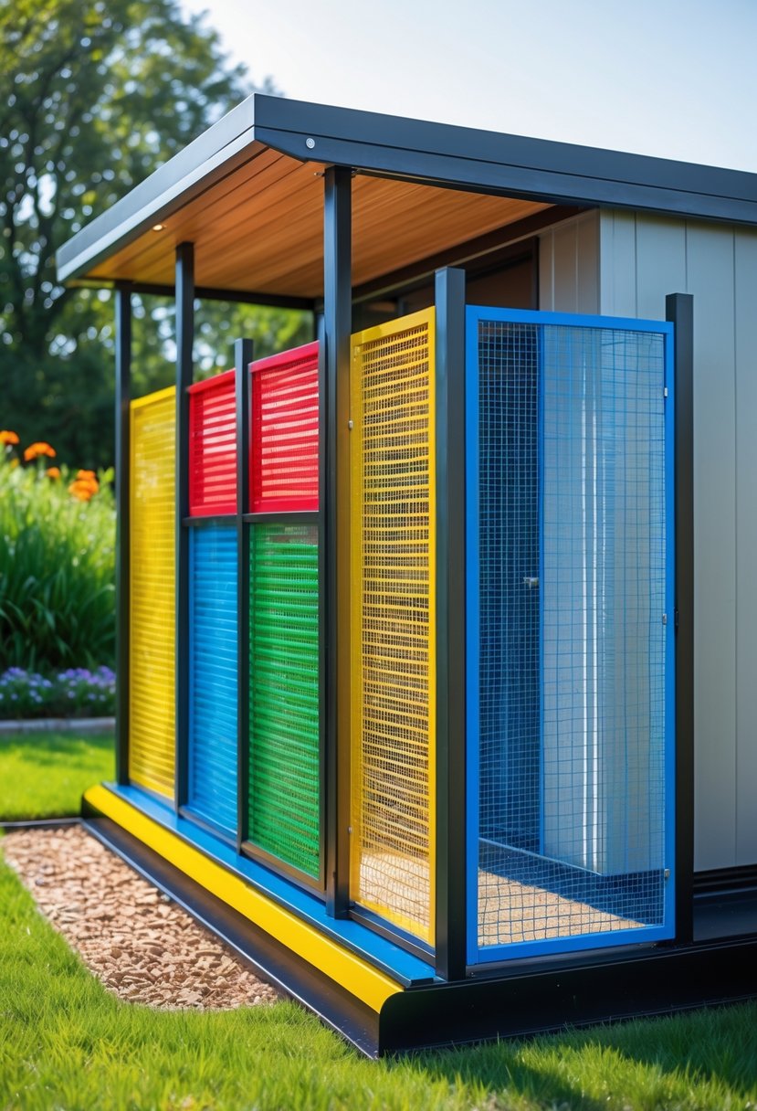 A garden shed with brightly colored metal mesh panels around its base in a green outdoor setting.