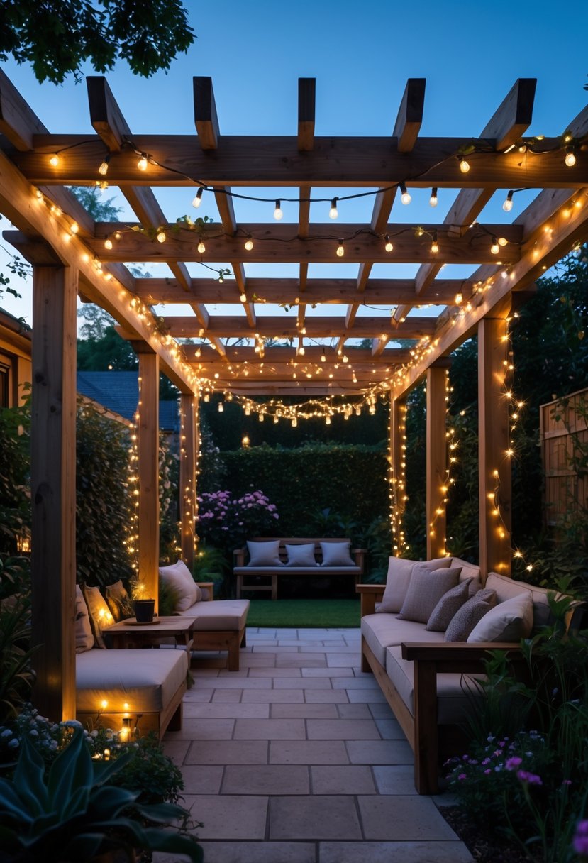 Outdoor garden with wooden pergolas decorated with warm glowing string lights over lush plants and seating area at twilight.