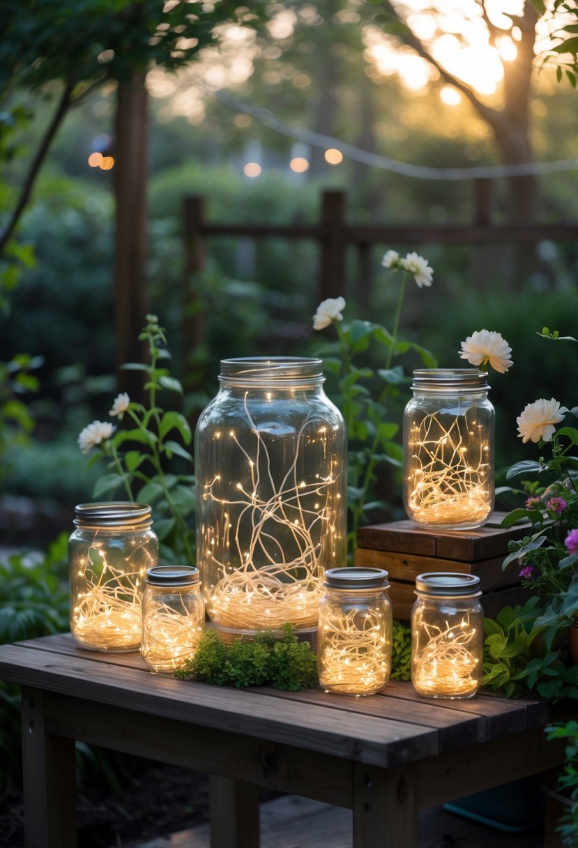 Several glass jars filled with glowing fairy lights placed on a wooden table in a garden surrounded by plants and flowers.