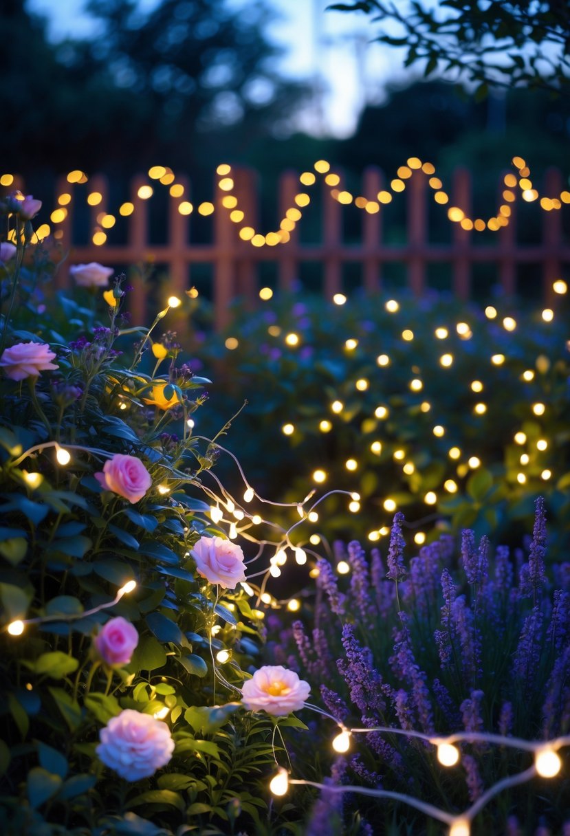 A garden with flower beds illuminated by warm white fairy lights woven through the plants at dusk.