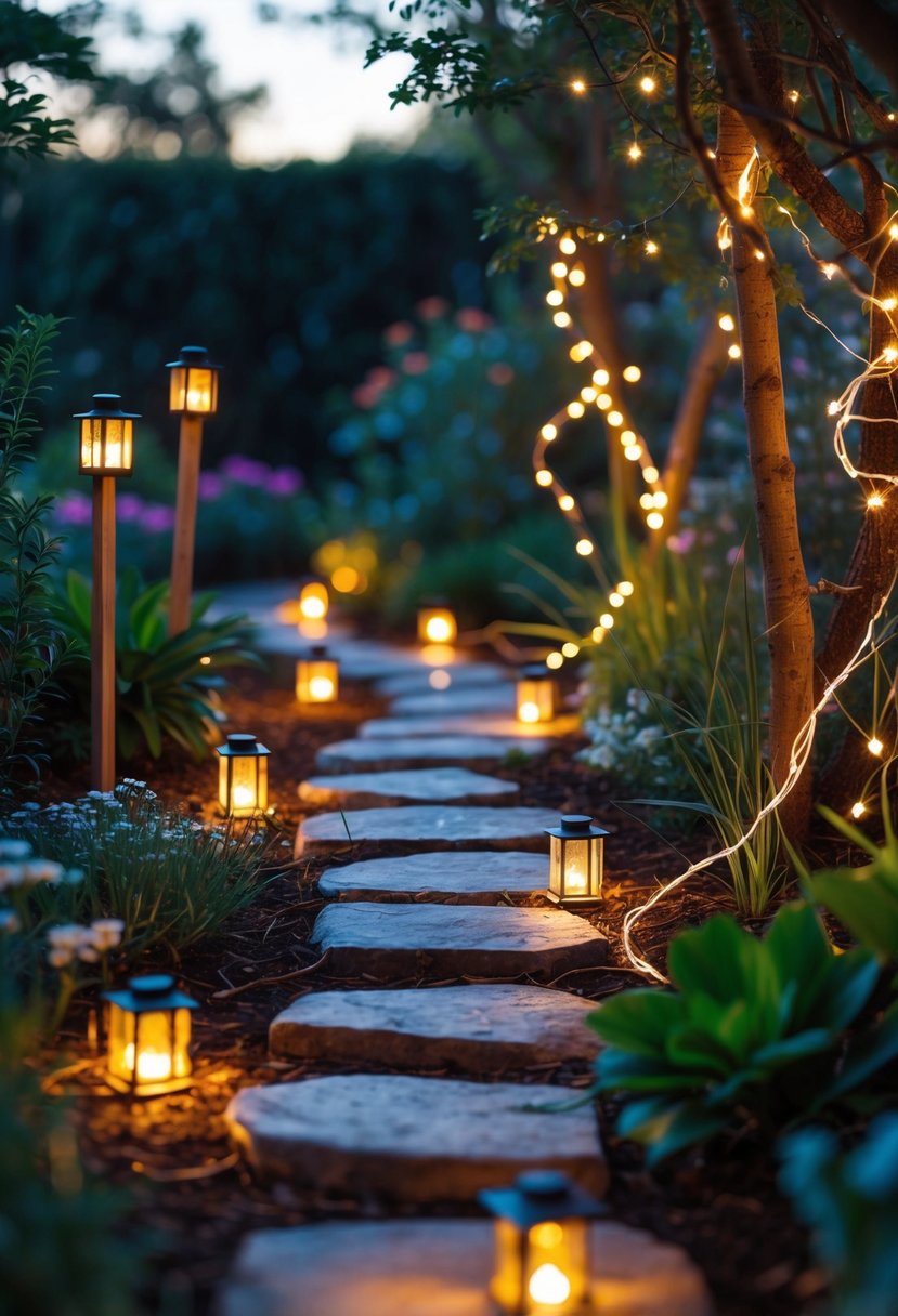 A garden path illuminated by stake lights and fairy lights surrounded by plants and flowers at dusk.