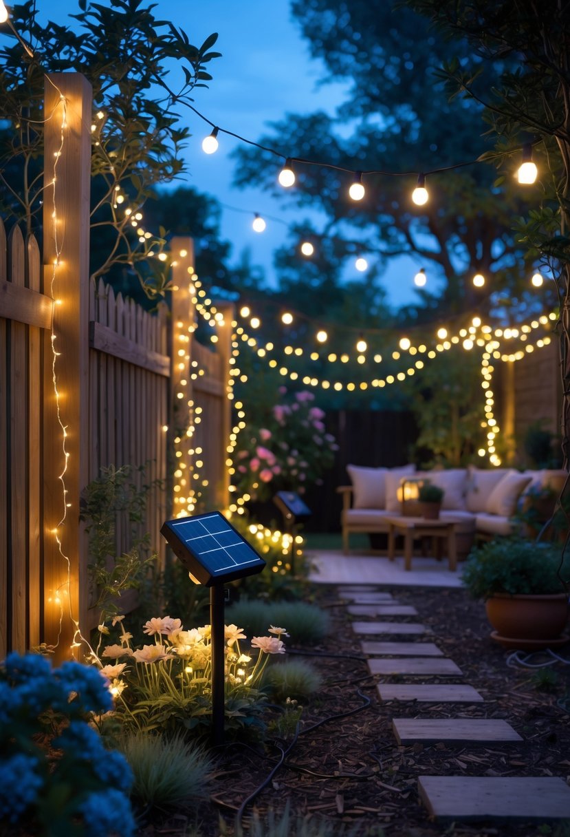 A garden at dusk with solar-powered fairy lights strung on fences and trees, illuminating flowers and outdoor seating.